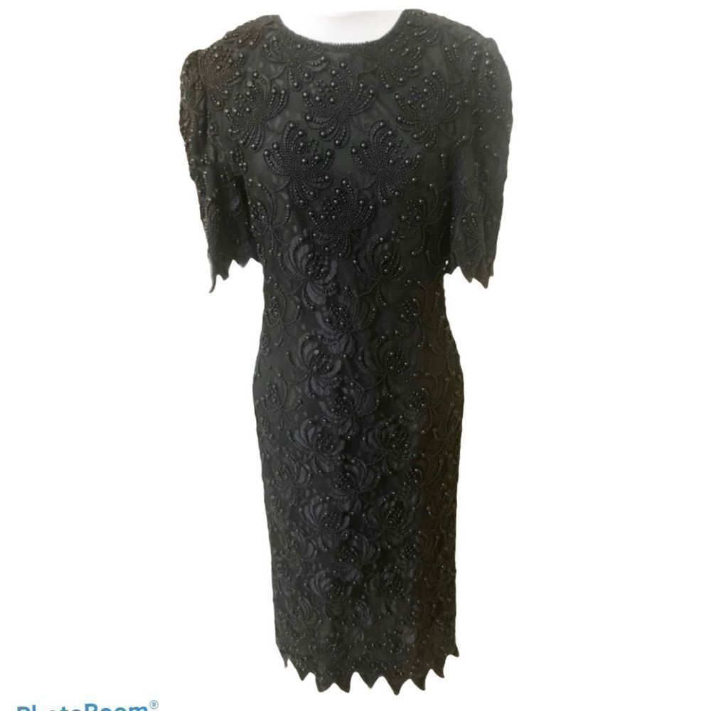 Carina vintage retro beaded embroidered midi evening dress S